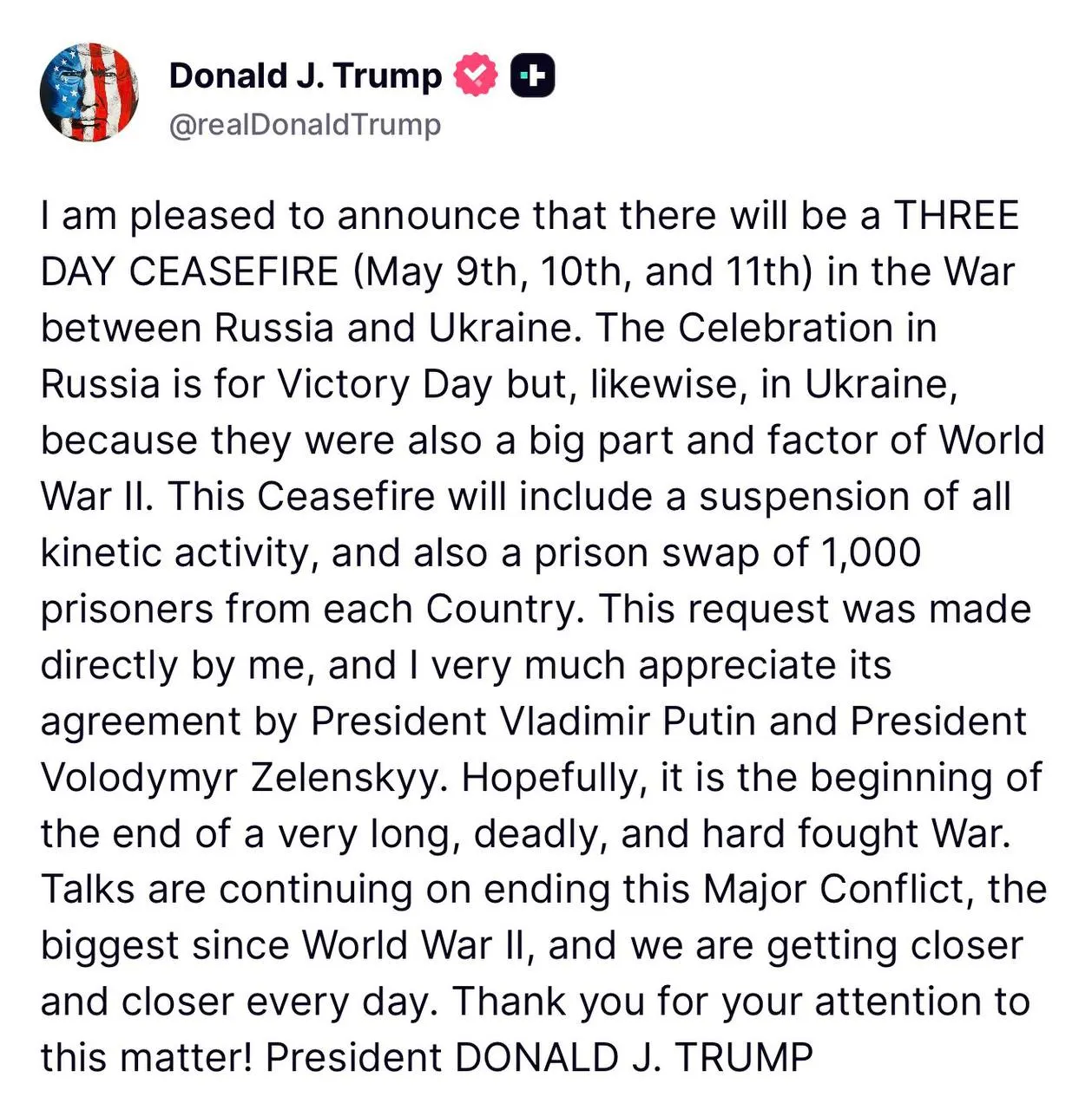Президент США Дональд Трамп заявил, что обратился к России и Украине с просьбой провести обмен пленными по формуле «1000 на 1000» на фоне предполагаемого трёхдневного прекращения огня с 9 по 11 мая.