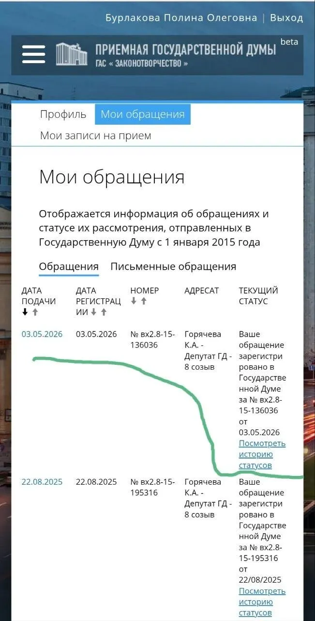 Юристка и волонтёрка Полина Бурлакова обратилась к депутату с просьбой перейти к законодательной реализации мер защиты жертв: введению охранных ордеров, запрету приближения агрессоров и усилению ответственности полиции. Петиция собрала 100 тысяч подписей и получила поддержку экспертной группы.
