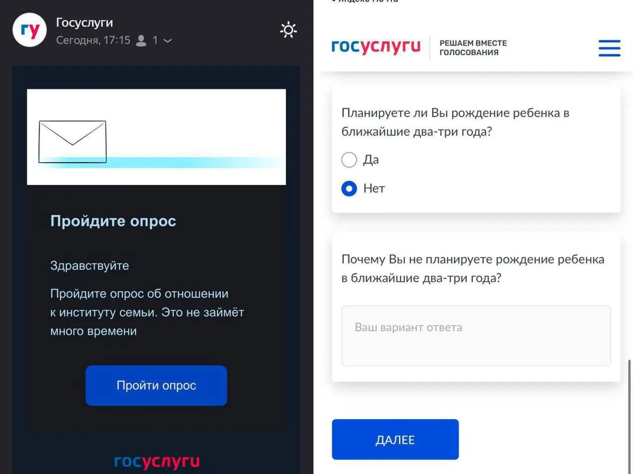 Госуслуги запрашивают у граждан планы завести детей в ближайшие 2–3 года и причины, мешающие этому.