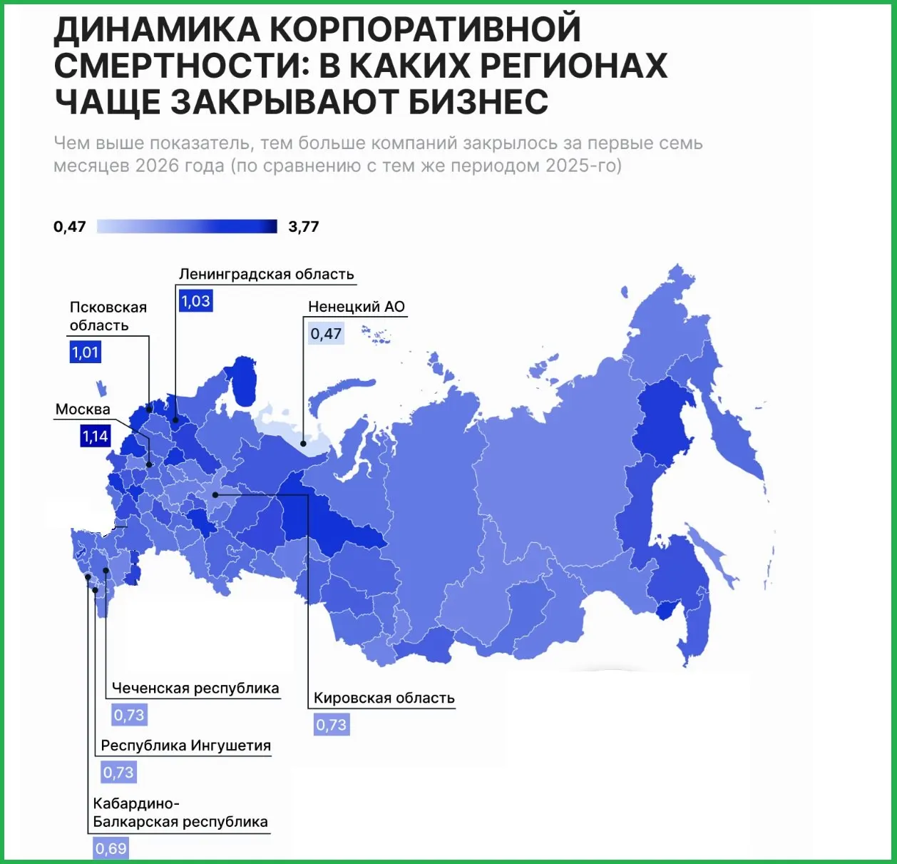 По состоянию на 1 августа три региона занимают верхнюю строку рейтинга по закрытию предприятий: Москва, Ленинградская область и Псковская область.