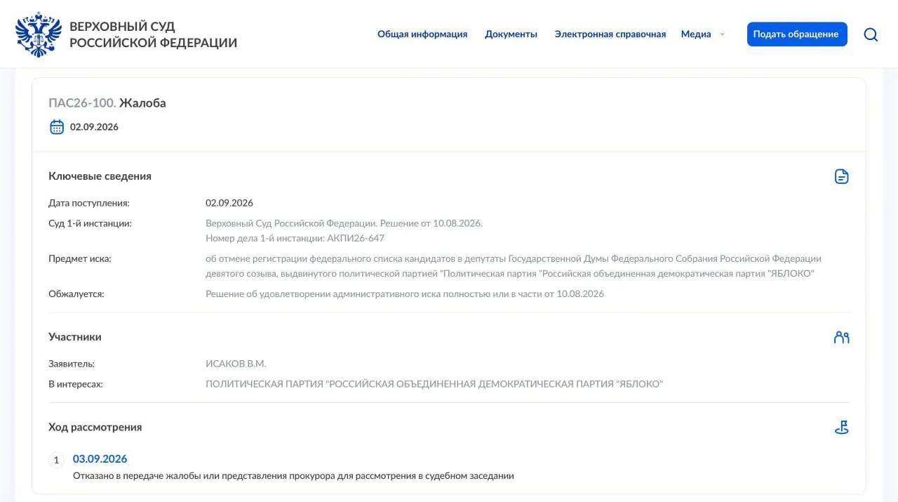 Суд отказал в передаче надзорной жалобы партии на снятие с федеральных выборов; дело длилось сутки, партия планирует обратиться в Конституционный суд России.